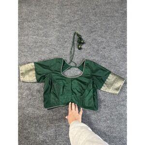 Green Gold Choli Blouse for Women Medium Embroidered Sleeves Tie Back‎